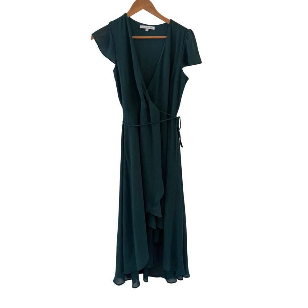 Baltic Born Vara Wrap Dress S Emerald Green Chiffon Flutter Sleeve Hi Low Hem